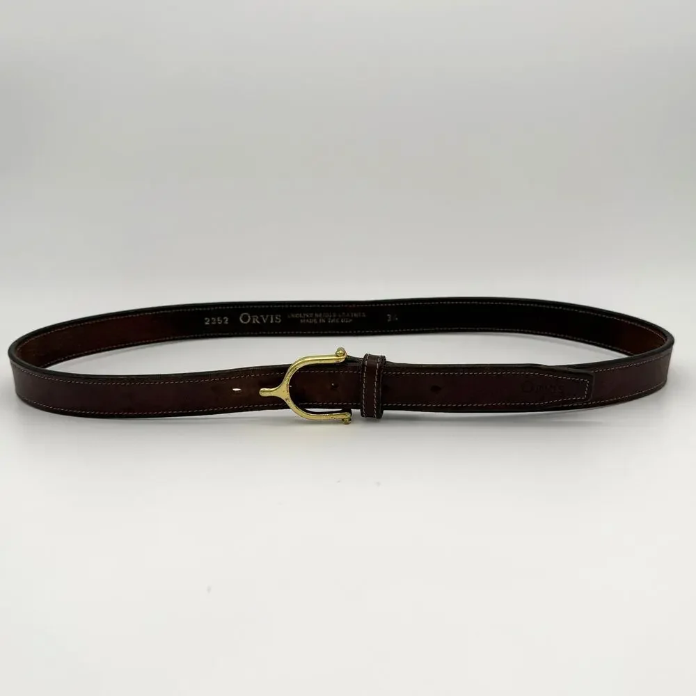 Vintage Orvis Brown Leather Brass Buckle Belt Size 34 English Bridle Made in USA